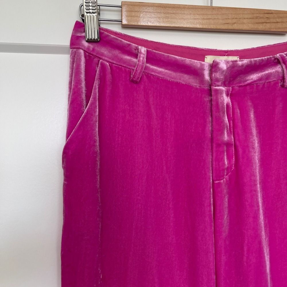L'Agence Lane Flared‎ Trouser 2 Hot Pink Silk Blend Velvet Wide Leg French Chic - Picture 7 of 14